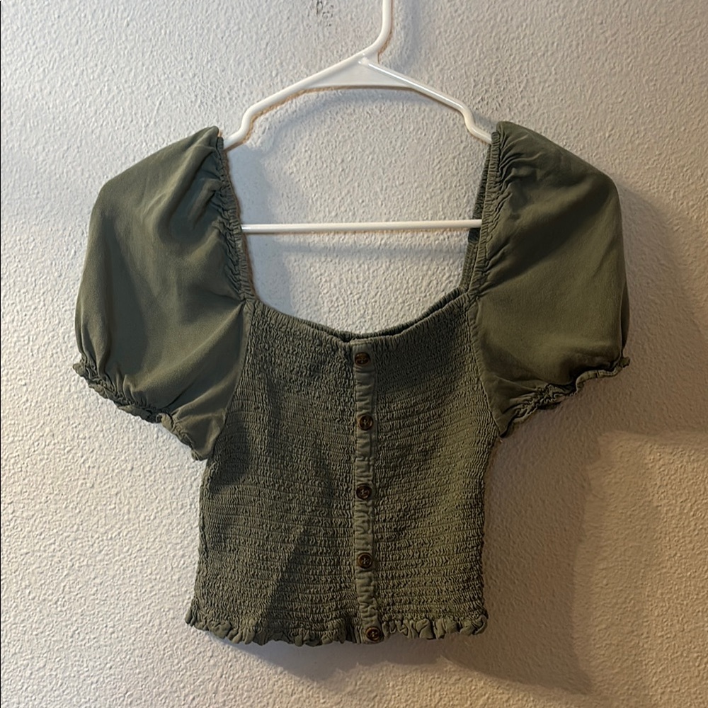 Love Tree Green Smocked Crop Blouse